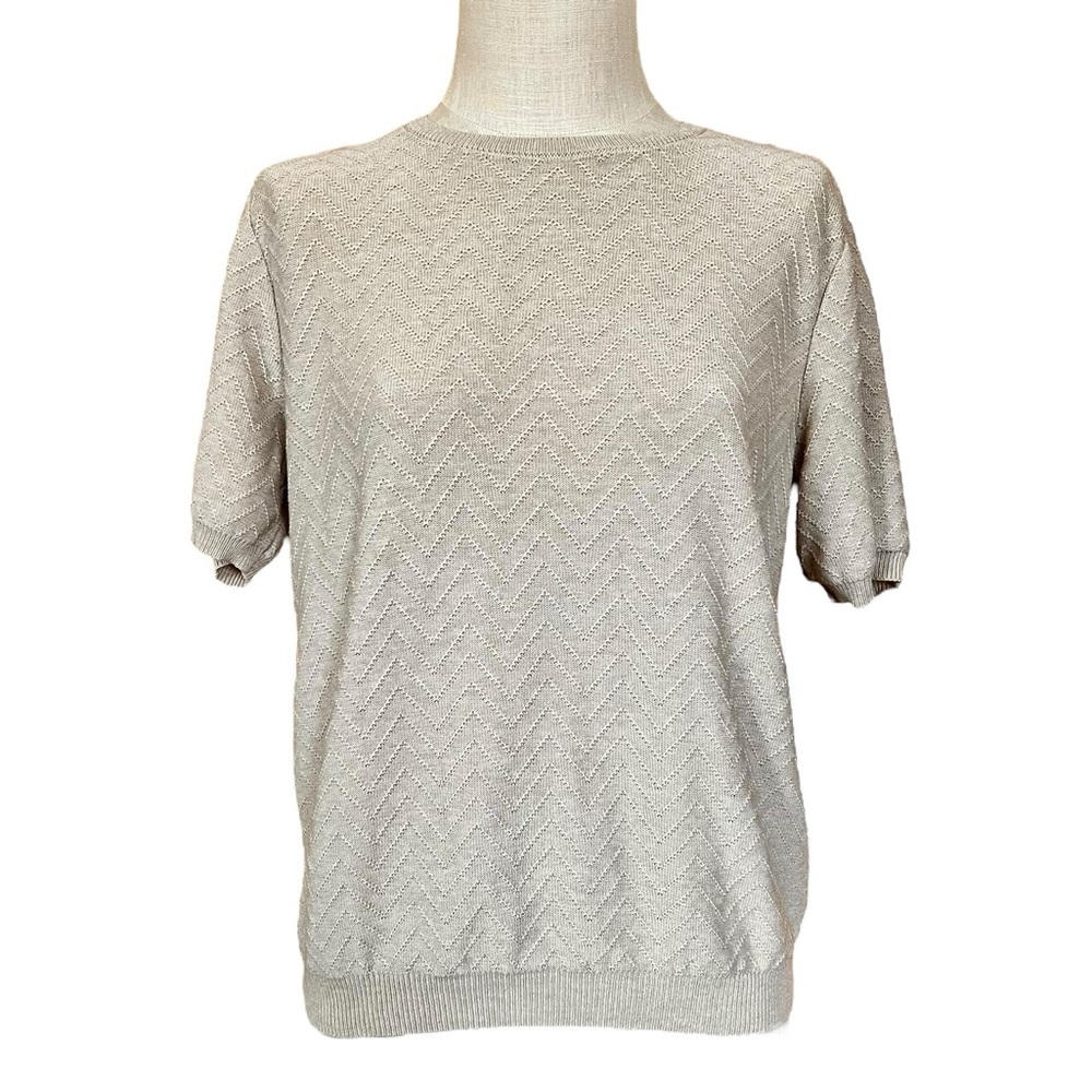NWT Alfred Dunner Medium Beige Short Sleeve Knit Sweater Minimalist Coastal - Picture 2 of 7